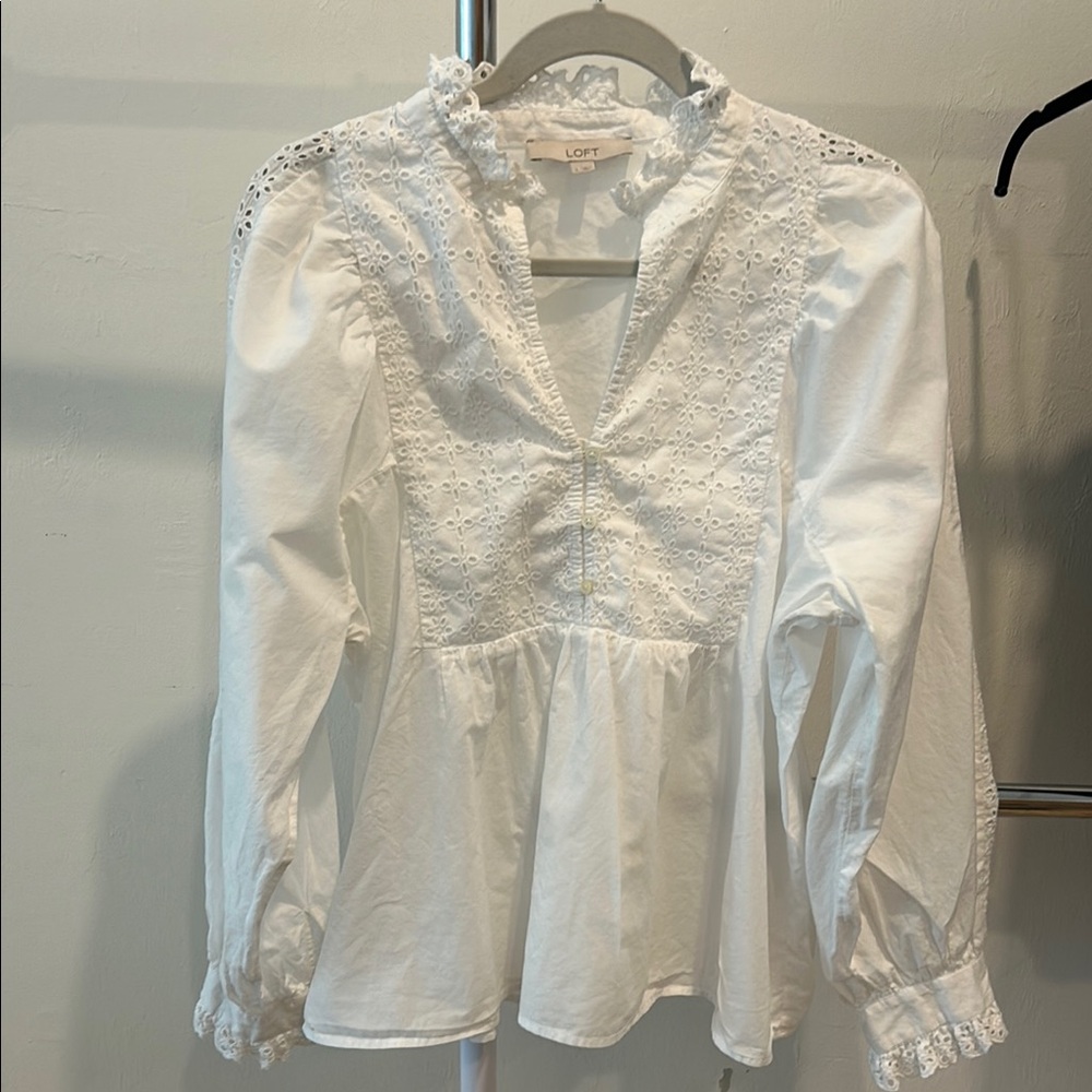 LOFT White Eyelet Long Sleeve Blouse